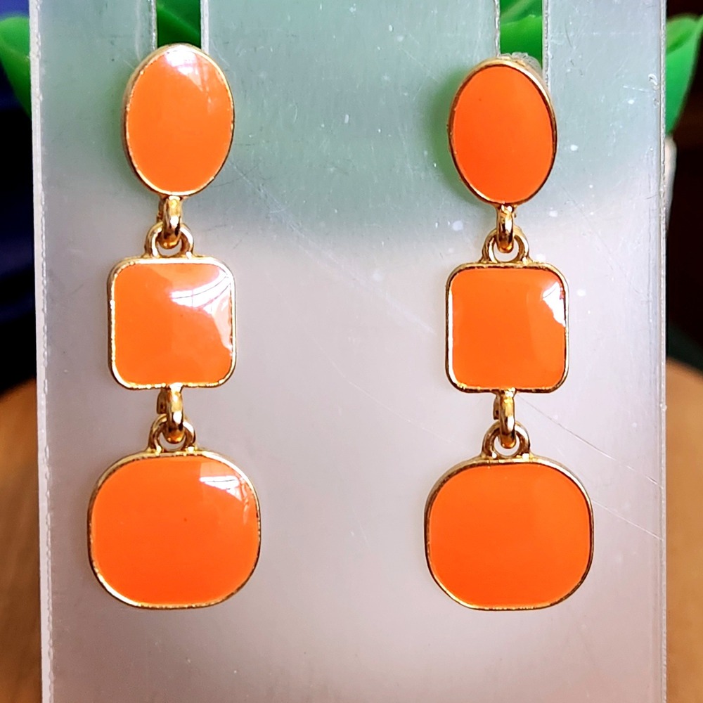 Orange Enamel Geometric Triple Tier Drop Earrings Gold Tone 2 Inch Dangle